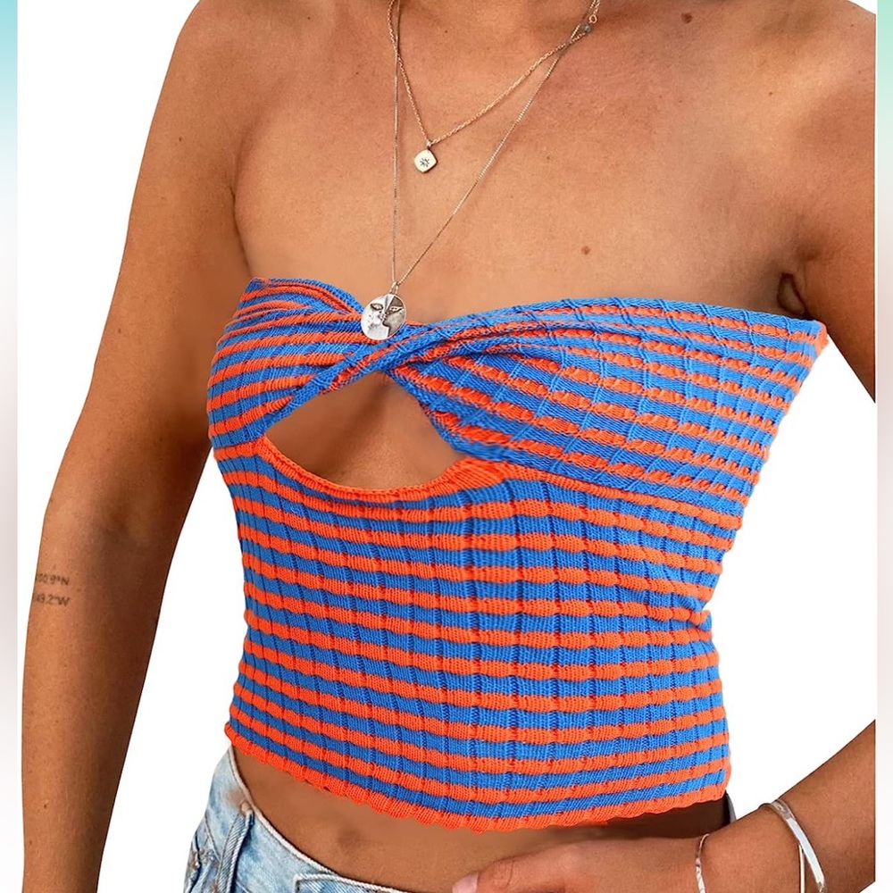 Amazon ACOSAP Women's Crop Striped Print Ribbed Knit Stretchy Strapless Tube Top